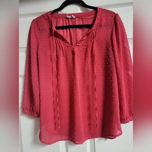 Elle - 3/4 Length Sleeves, Swiss Dots, Tie Neck, Sheer Blouse-Size  M